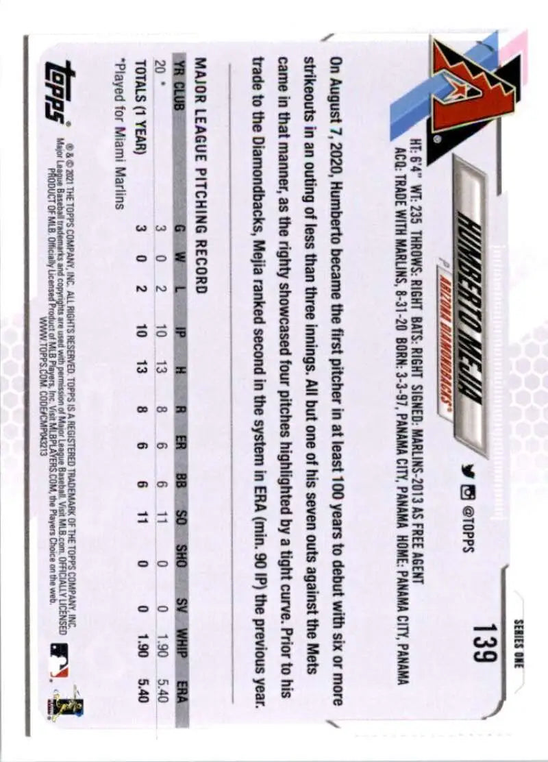 2021 Topps #139 Humberto Mejia NM-MT RC Rookie Arizona Diamondbacks Baseball Card - Baseball Card Single
