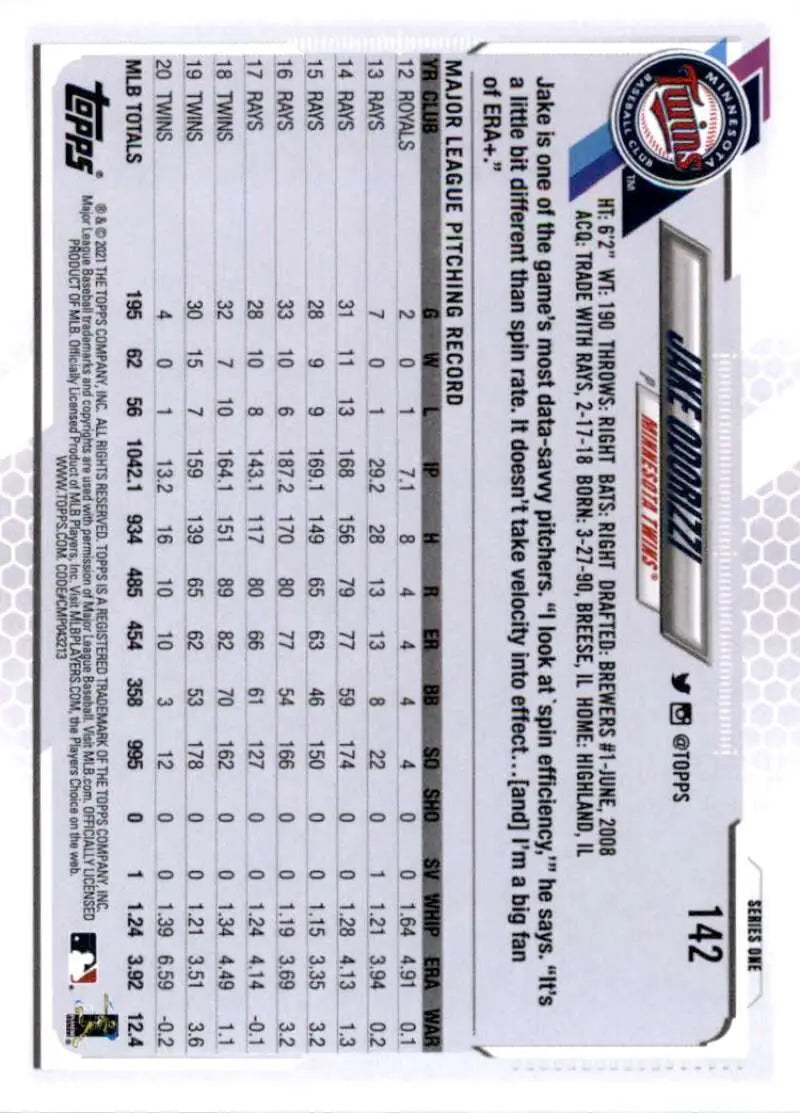 2021 Topps #142 Jake Odorizzi NM-MT Minnesota Twins Baseball Card - Baseball Card Single