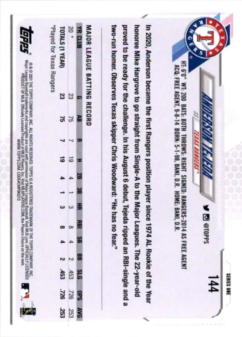 2021 Topps #144 Anderson Tejeda NM-MT RC Rookie Texas Rangers Baseball Card - Baseball Card Single
