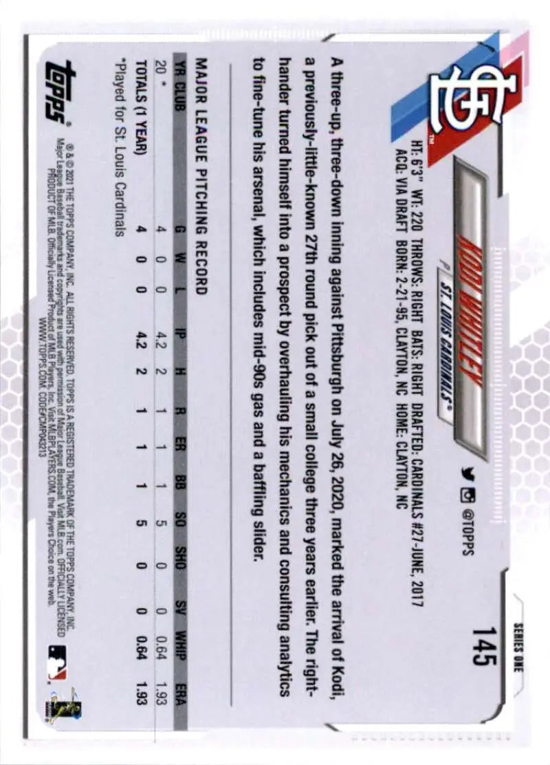 2021 Topps #145 Kodi Whitley NM-MT RC Rookie St. Louis Cardinals Baseball Card - Baseball Card Single