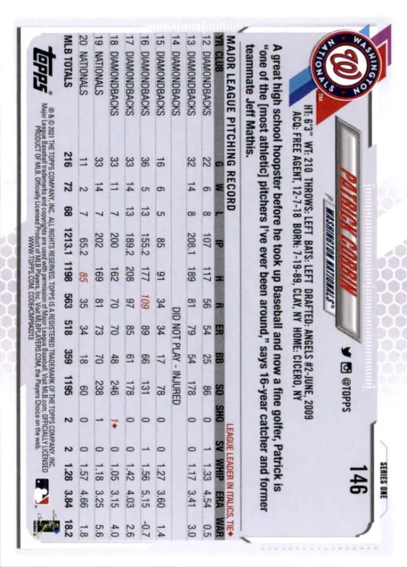 2021 Topps #146 Patrick Corbin NM-MT Washington Nationals Baseball Card - Baseball Card Single