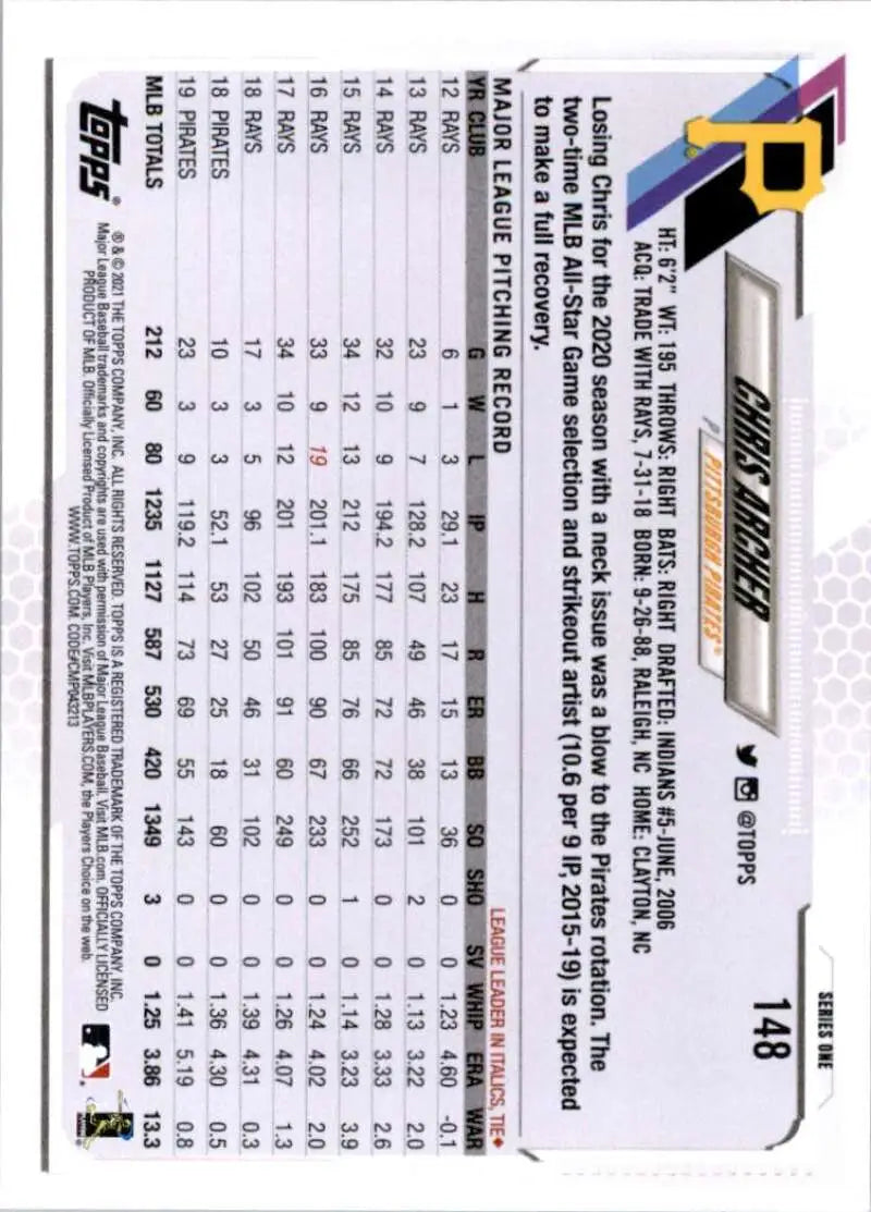 2021 Topps #148 Chris Archer NM-MT Pittsburgh Pirates Baseball Card - Baseball Card Single