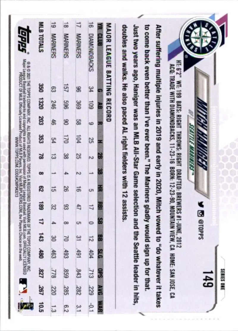2021 Topps #149 Mitch Haniger NM-MT Seattle Mariners Baseball Card - Baseball Card Single