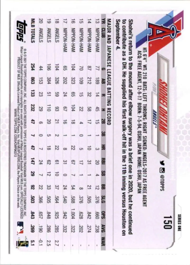 2021 Topps #150 Shohei Ohtani NM-MT Los Angeles Angels Baseball Card - Baseball Card Single