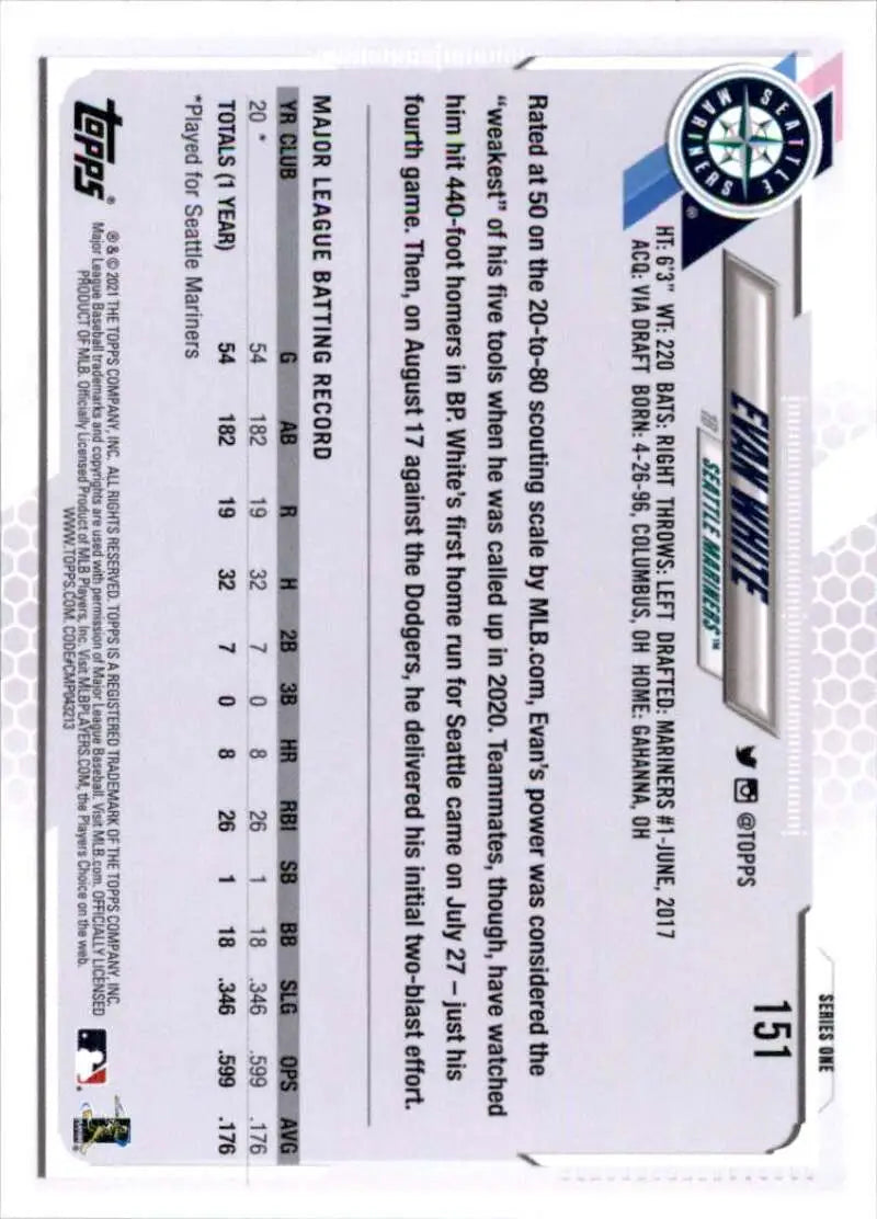 2021 Topps #151 Evan White NM-MT RC Rookie Seattle Mariners Baseball Card - Baseball Card Single