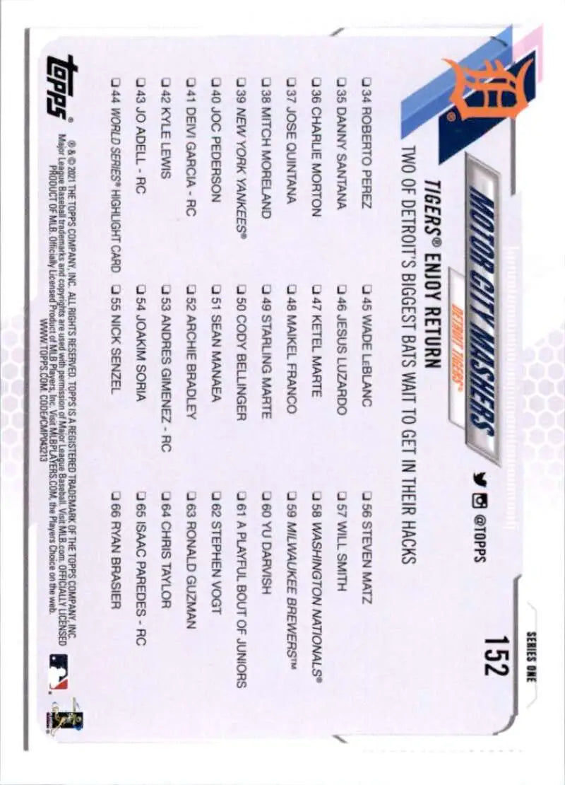 2021 Topps #152 Motor City Mashers NM-MT Detroit Tigers Baseball Card - Baseball Card Single