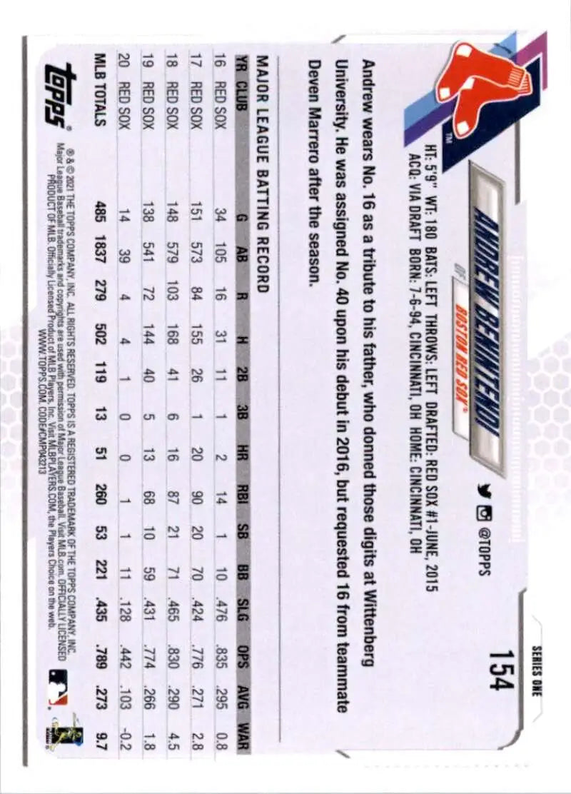 2021 Topps #154 Andrew Benintendi NM-MT Boston Red Sox Baseball Card - Baseball Card Single