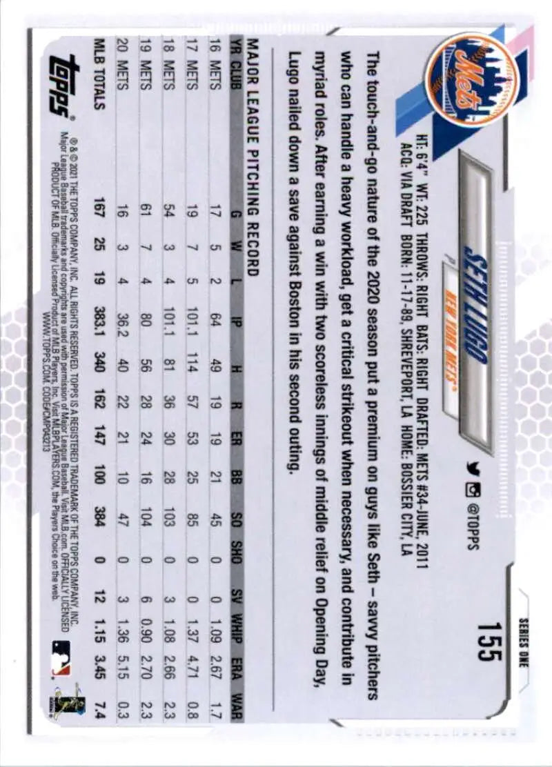 2021 Topps #155 Seth Lugo NM-MT New York Mets Baseball Card - Baseball Card Single