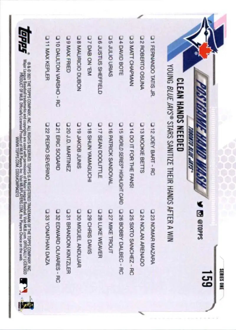 2021 Topps #159 Postgame Hand Wash NM-MT Toronto Blue Jays Baseball Card - Baseball Card Single