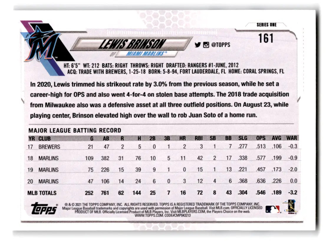 2021 Topps - #161 Lewis Brinson Marlins - Baseball Card Single