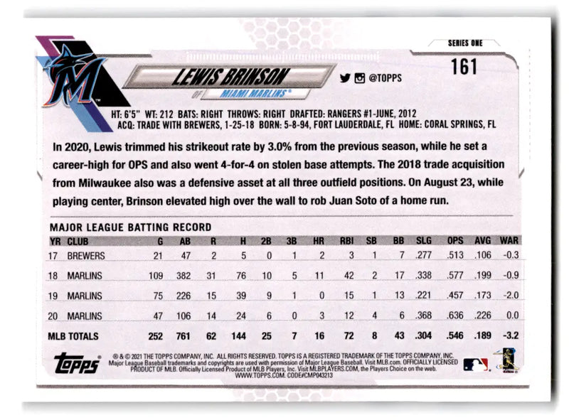 2021 Topps - #161 Lewis Brinson Marlins - Baseball Card Single