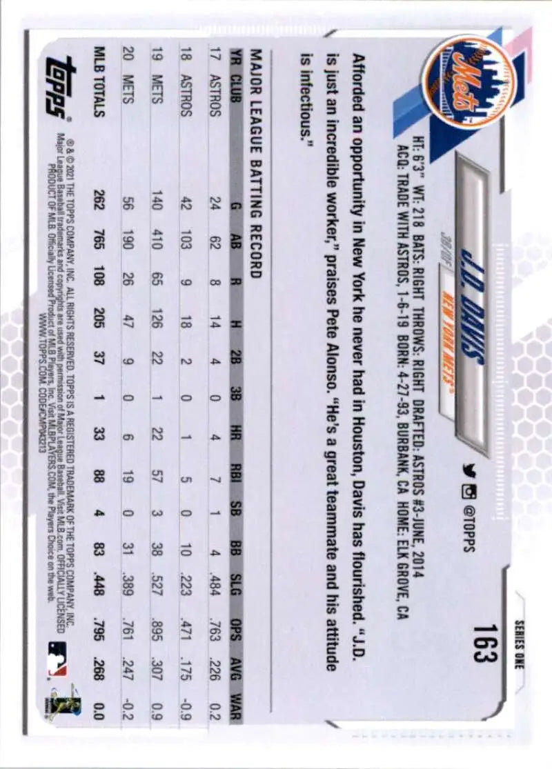 2021 Topps #163 J.D. Davis NM-MT New York Mets Baseball Card - Baseball Card Single