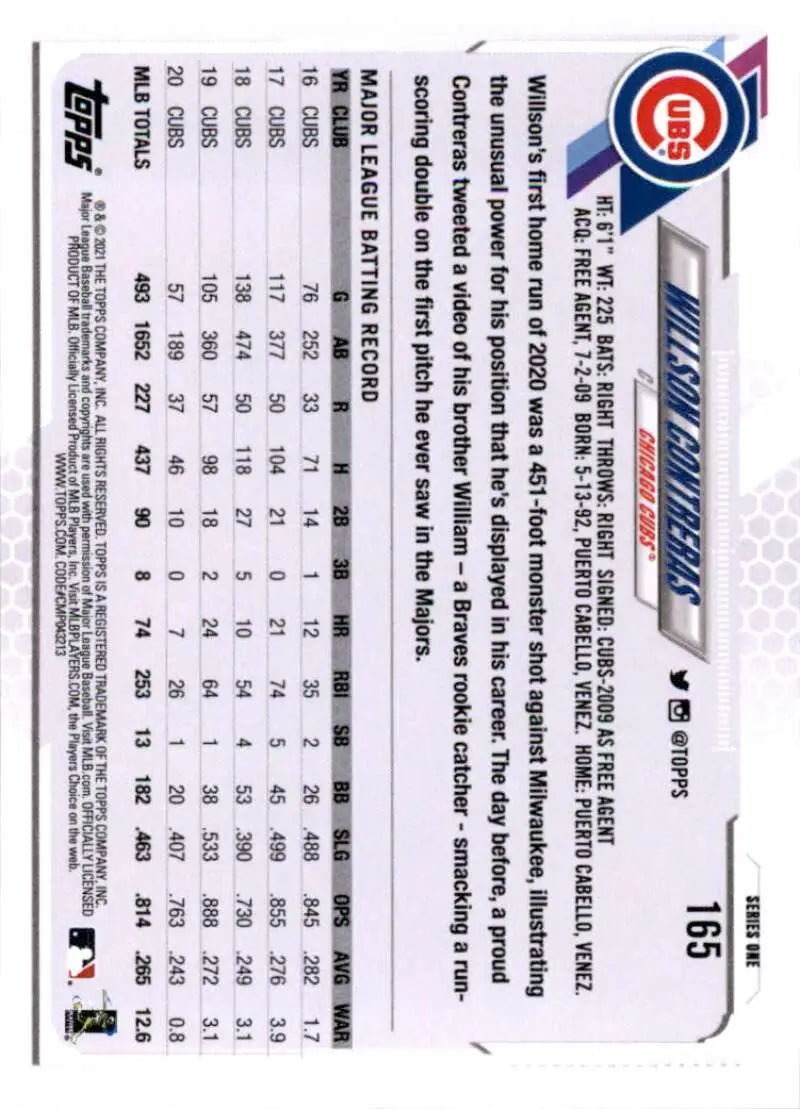 2021 Topps #165 Willson Contreras NM-MT Chicago Cubs Baseball Card - Baseball Card Single