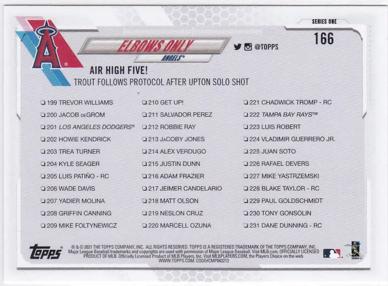 2021 Topps #166 Elbows Only Upton And Trout Los Angeles Angels