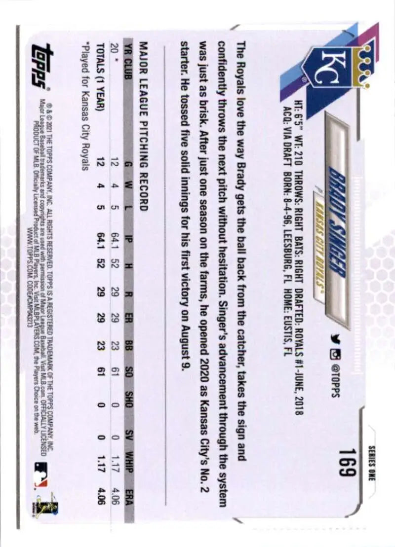 2021 Topps #169 Brady Singer NM-MT RC Rookie Kansas City Royals Baseball Card - Baseball Card Single