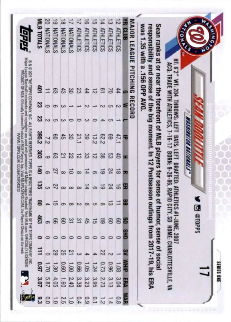 2021 Topps #17 Sean Doolittle NM-MT Washington Nationals Baseball Card - Baseball Card Single
