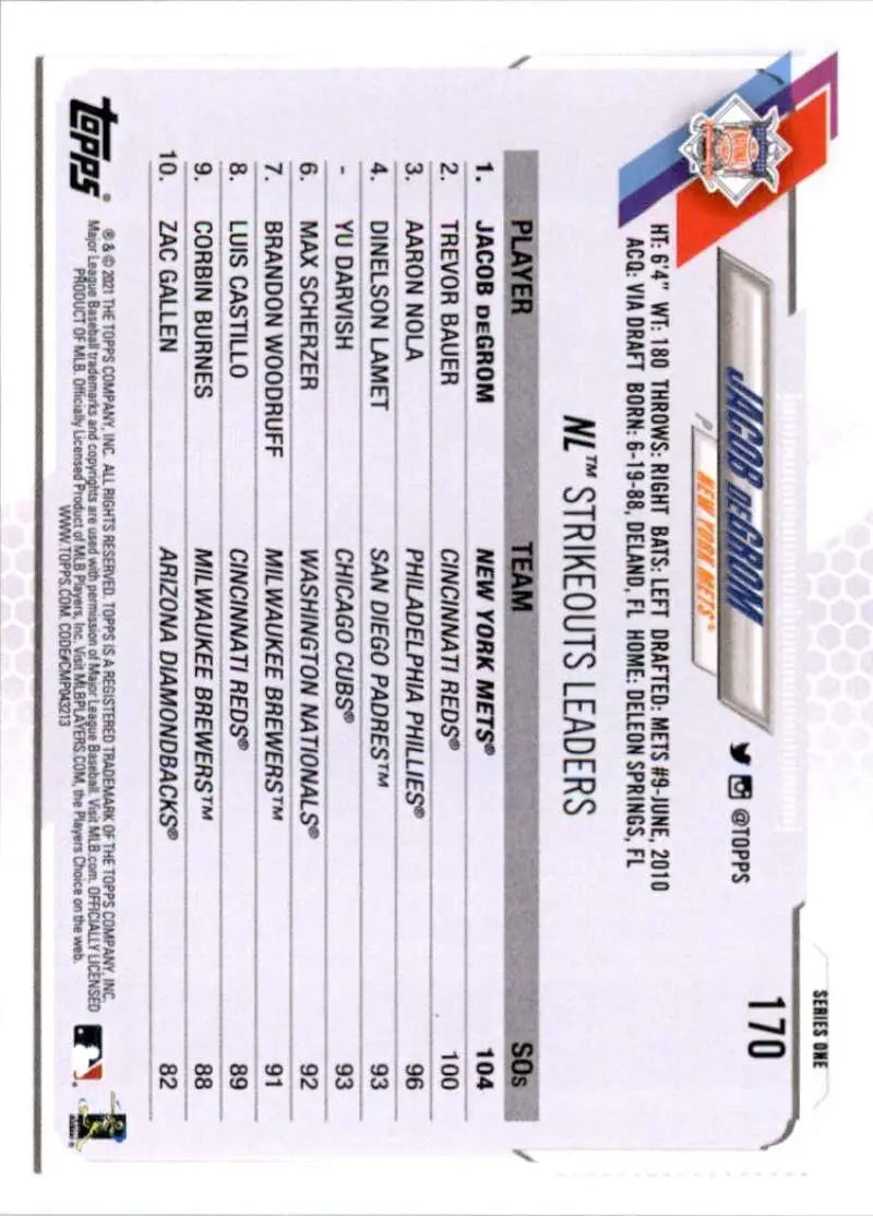 2021 Topps #170 Jacob deGrom NM-MT New York Mets Baseball Card - Baseball Card Single