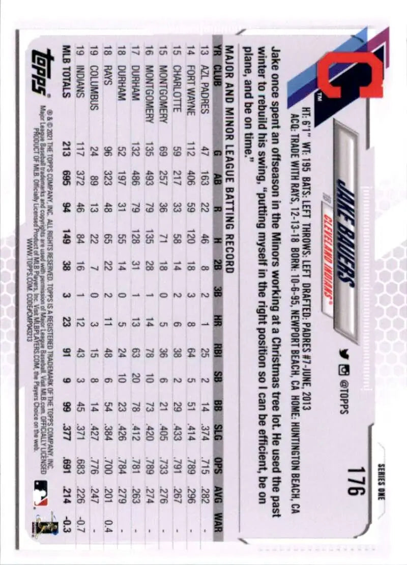 2021 Topps #176 Jake Bauers NM-MT Cleveland Indians Baseball Card - Baseball Card Single