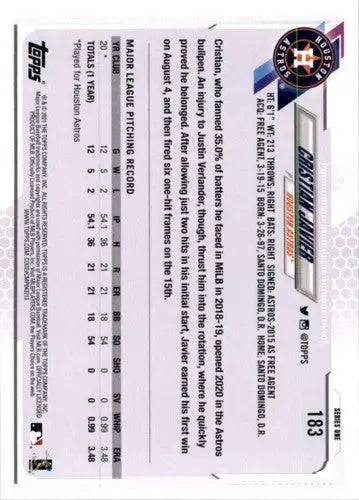 2021 Topps #183 Cristian Javier NM-MT RC Rookie Astros - Baseball Card Single