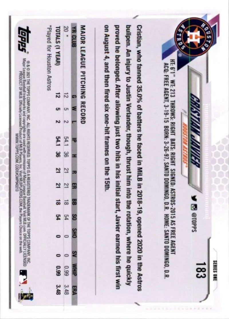 2021 Topps #183 Cristian Javier NM-MT RC Rookie Houston Astros Baseball Card - Baseball Card Single