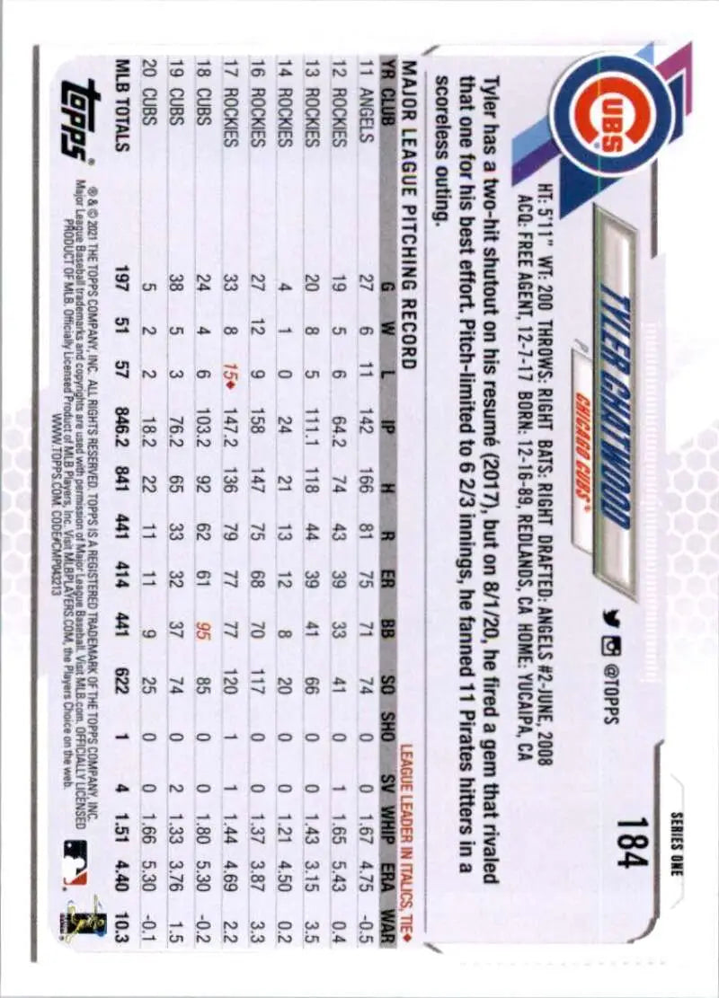 2021 Topps #184 Tyler Chatwood NM-MT Chicago Cubs Baseball Card - Baseball Card Single