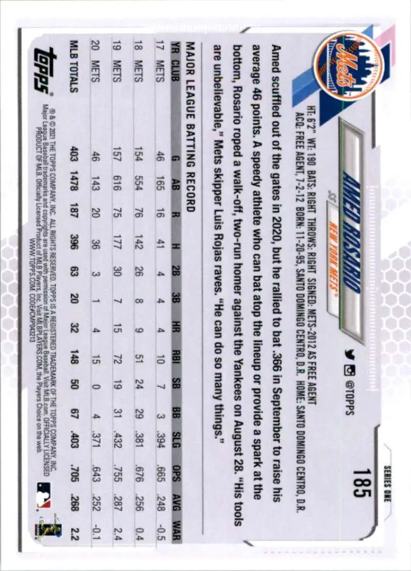 2021 Topps #185 Amed Rosario NM-MT New York Mets Baseball Card - Baseball Card Single