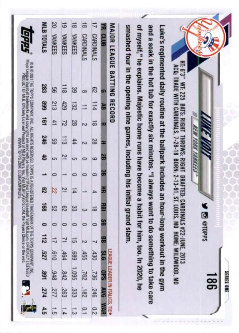 2021 Topps #186 Luke Voit NM-MT New York Yankees Baseball Card - Baseball Card Single