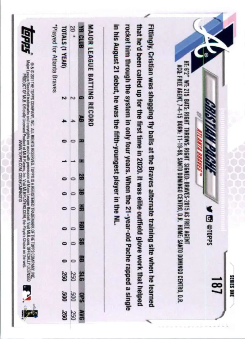 2021 Topps #187 Cristian Pache NM-MT RC Rookie Atlanta Braves Baseball Card - Baseball Card Single