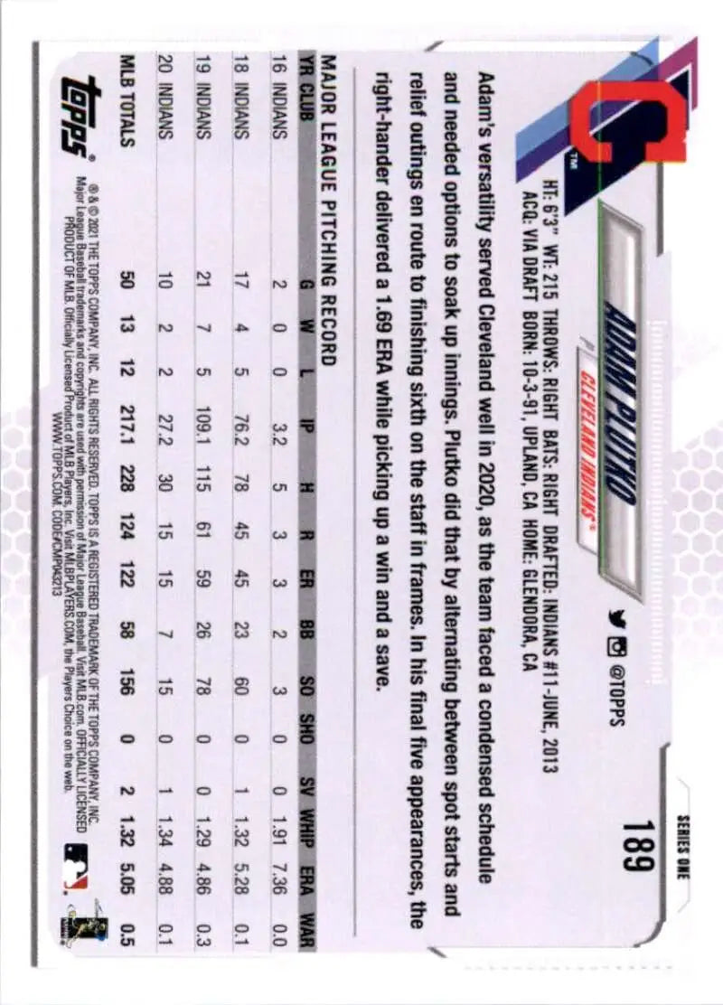 2021 Topps #189 Adam Plutko NM-MT Cleveland Indians Baseball Card - Baseball Card Single
