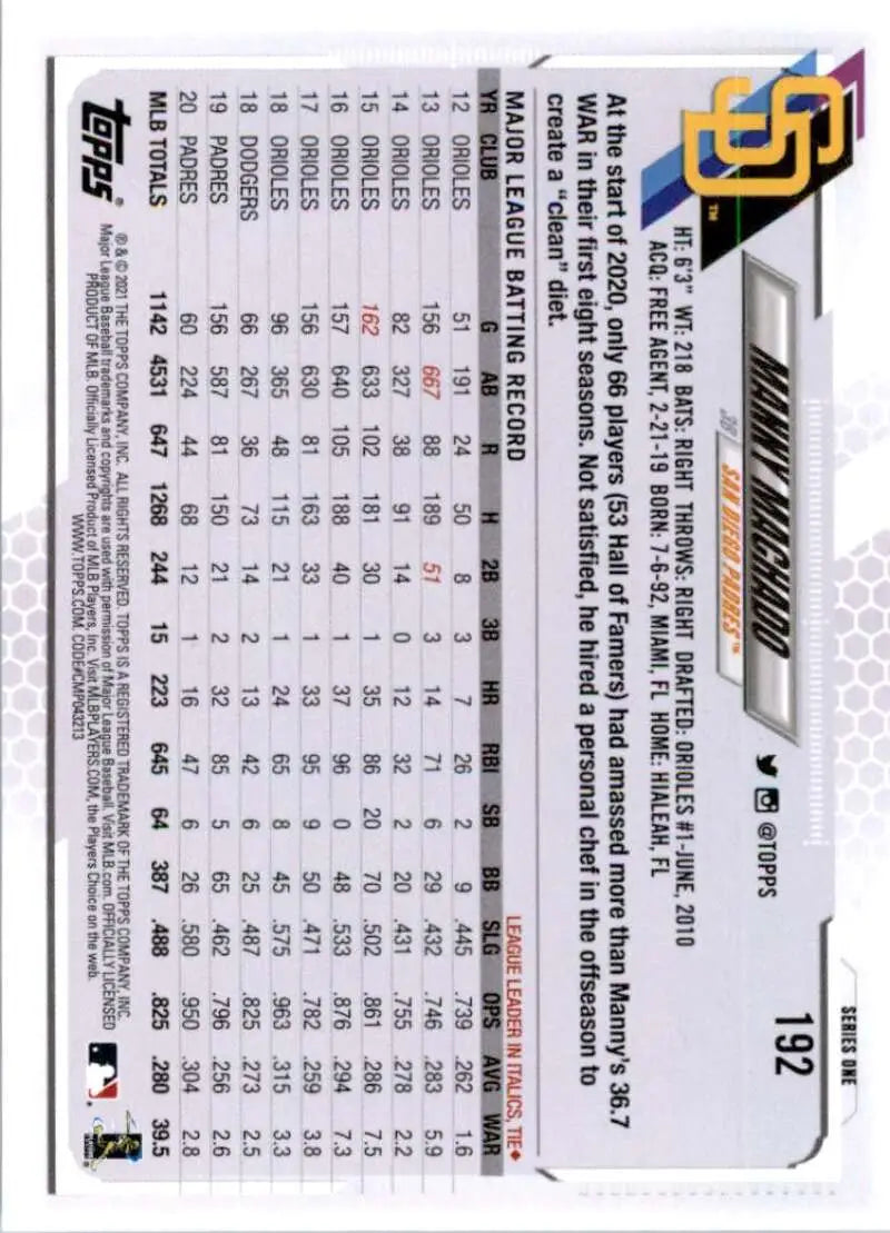 2021 Topps #192 Manny Machado NM-MT San Diego Padres Baseball Card - Baseball Card Single