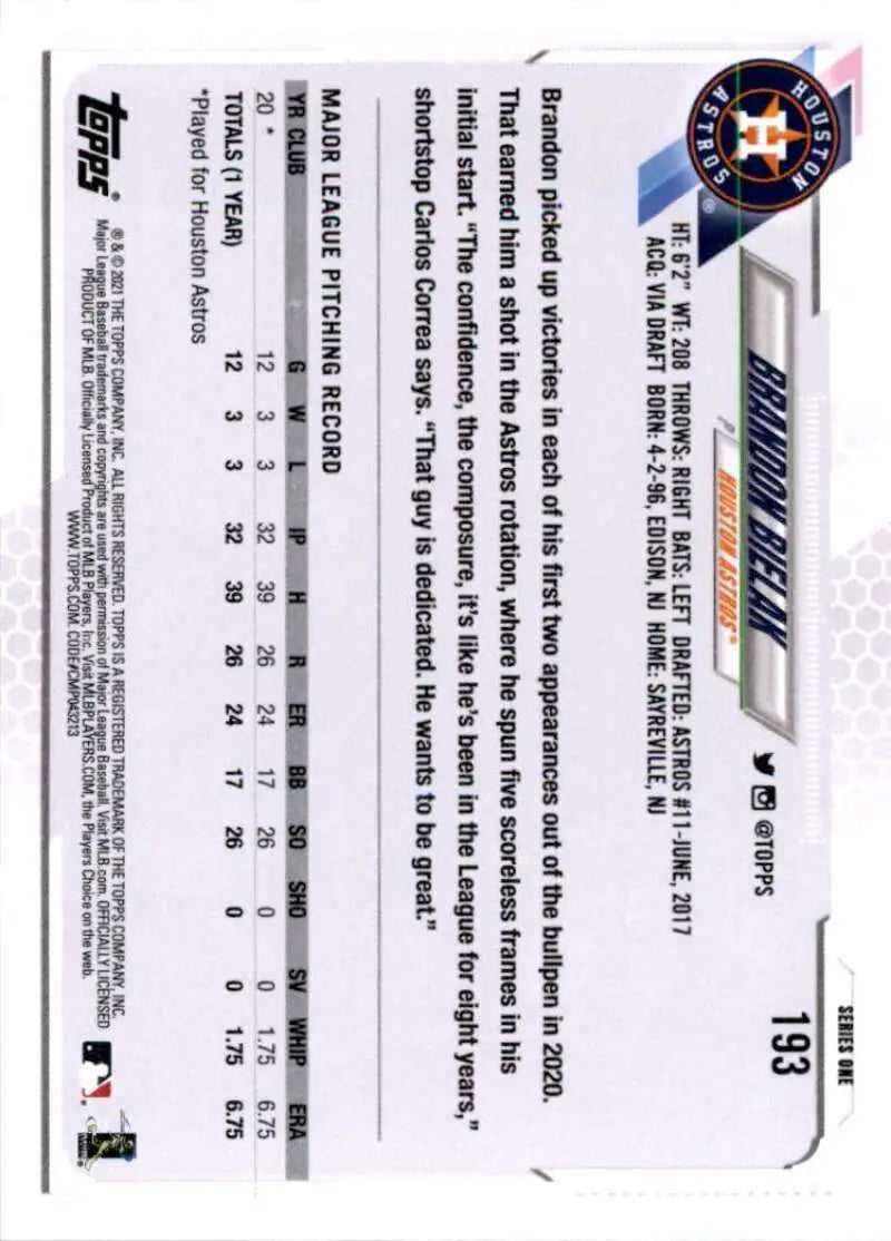 2021 Topps #193 Brandon Bielak NM-MT RC Rookie Houston Astros Baseball Card - Baseball Card Single