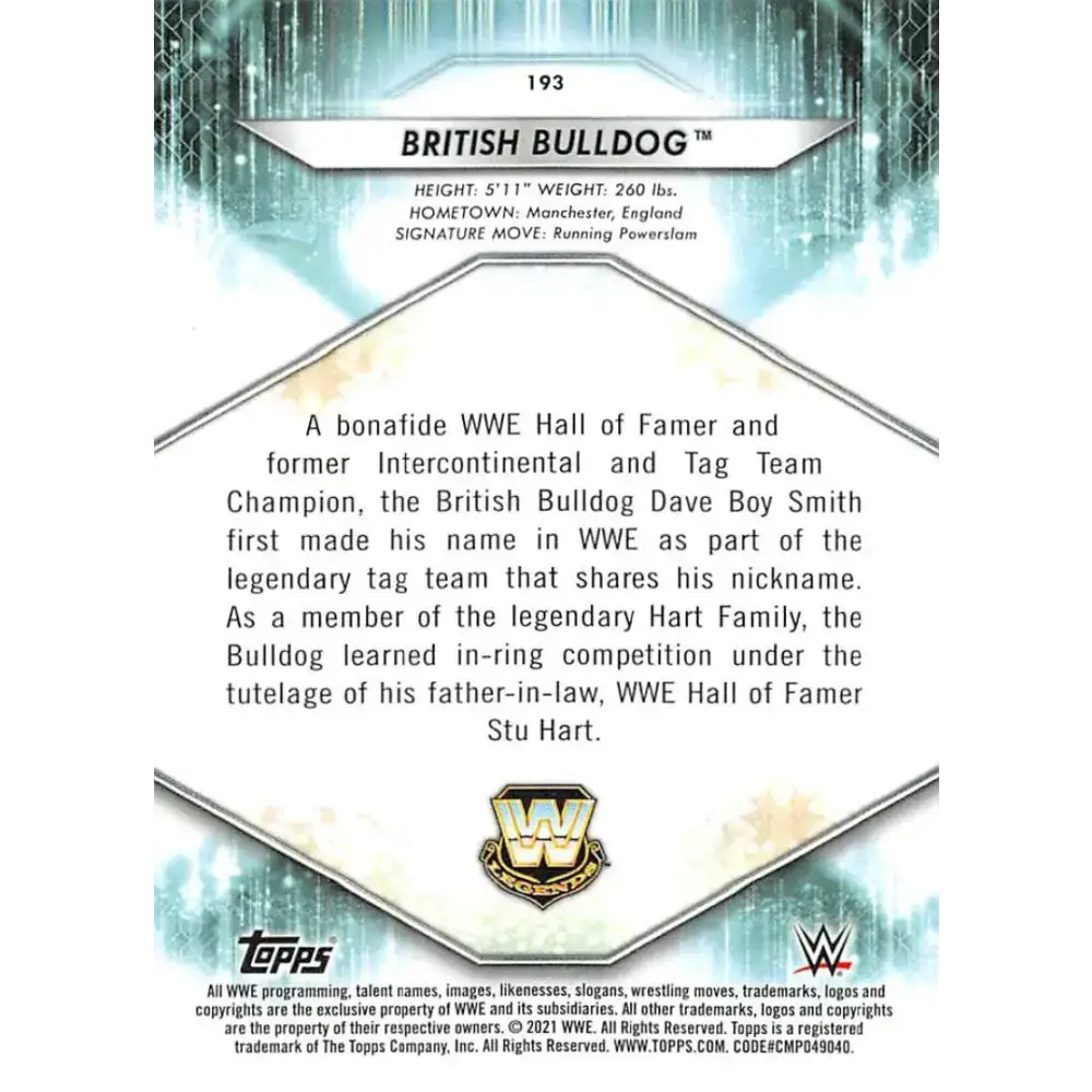 2021 Topps #193 British Bulldog NM-MT Wrestling Card - Wrestling Card Single