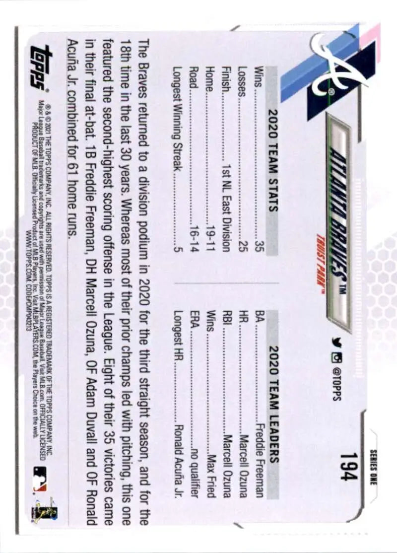2021 Topps #194 Atlanta Braves NM-MT Baseball Card - Baseball Card Single