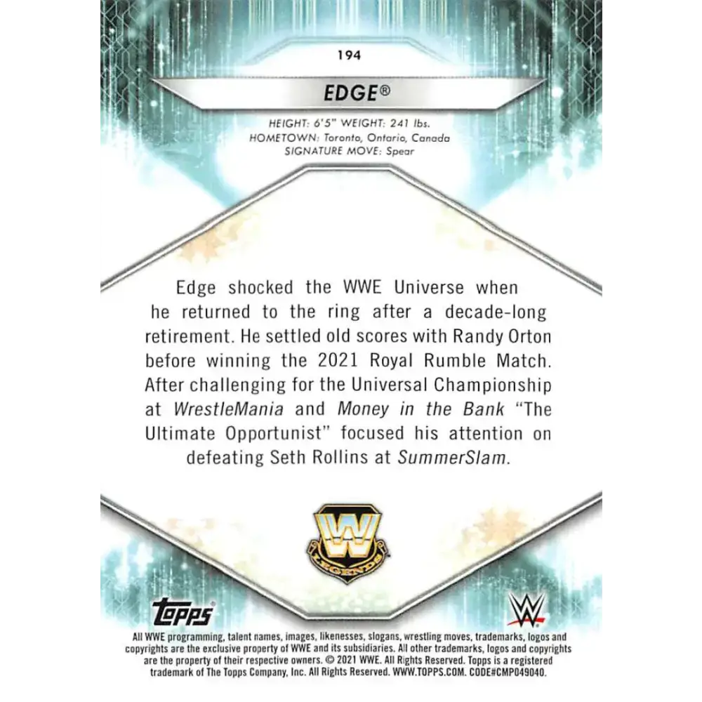 2021 Topps #194 Edge NM-MT Wrestling Card - Non-Sports Card Single