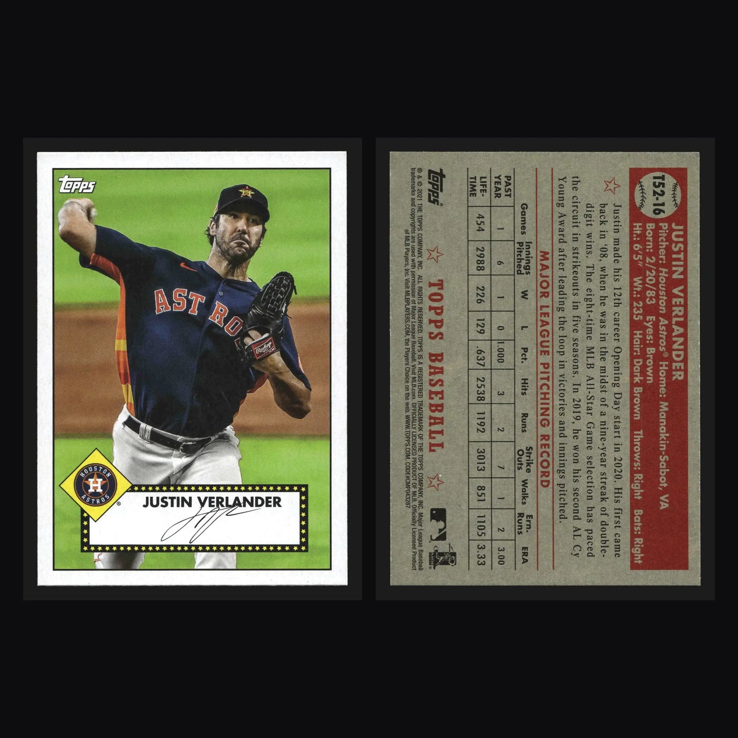 2021 Topps 1952 Topps Redux Justin Verlander #T52-16 Houston Astros - Baseball Card Single