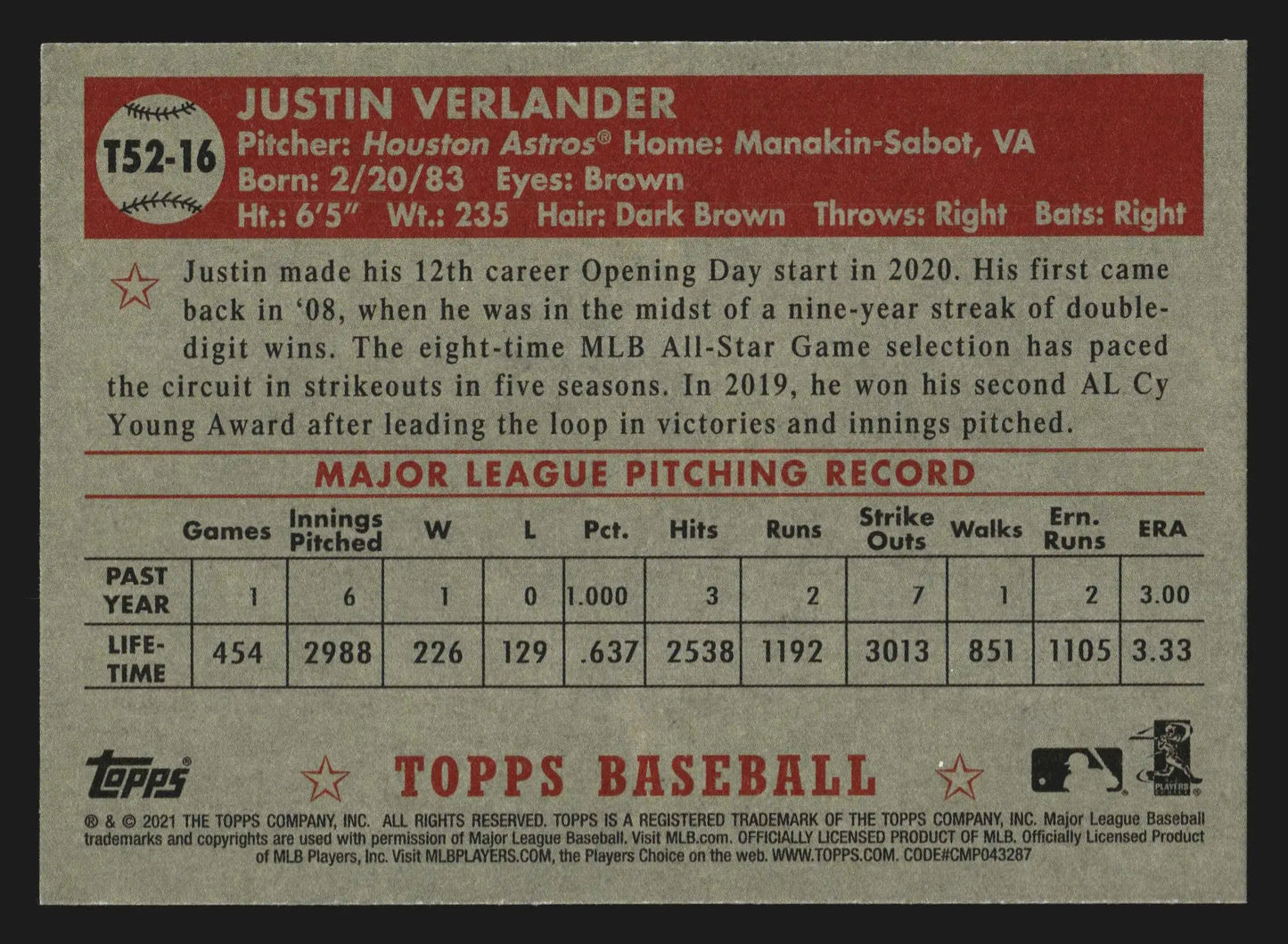 2021 Topps 1952 Topps Redux Justin Verlander #T52-16 Houston Astros - Baseball Card Single
