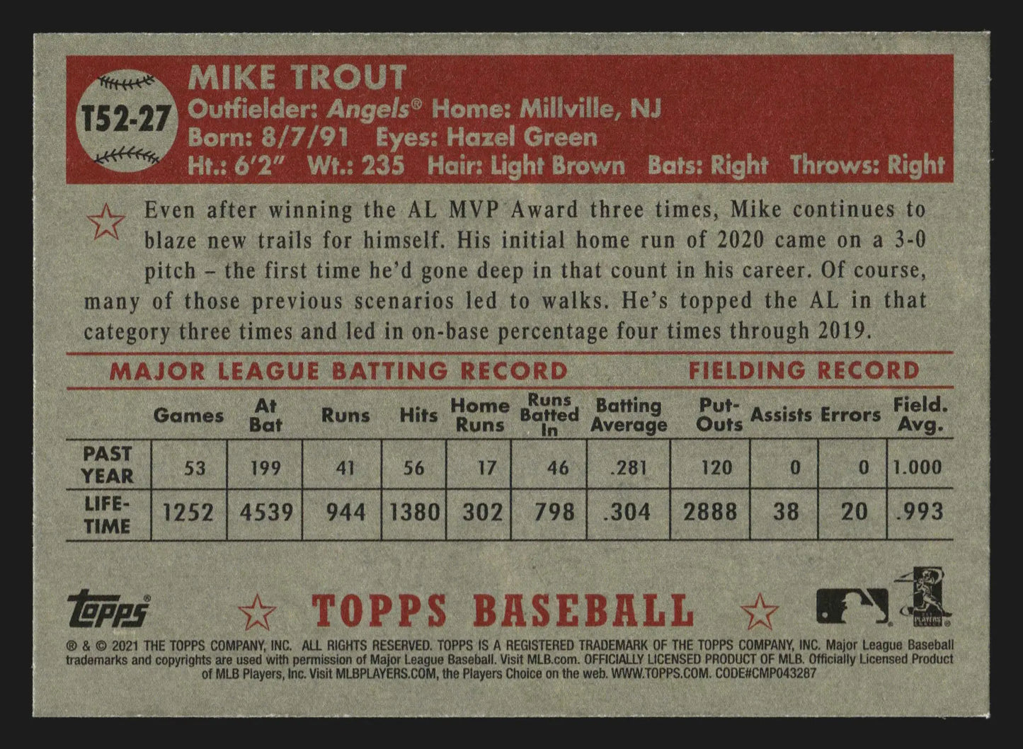 2021 Topps 1952 Topps Redux Mike Trout #T52-27 Angels - Baseball Card Single