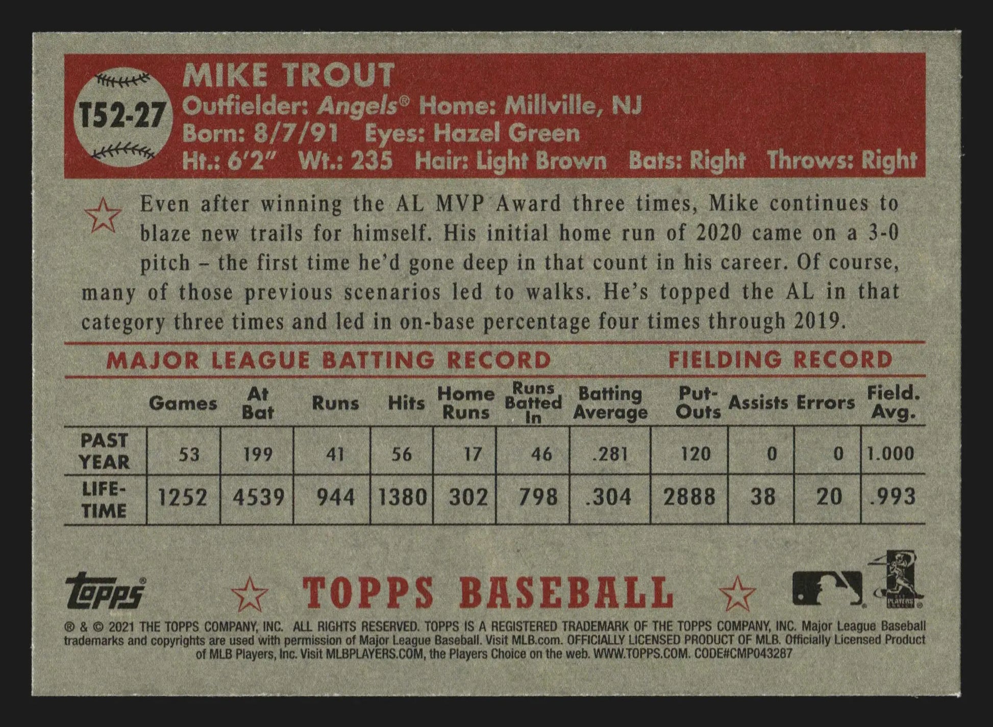 2021 Topps 1952 Topps Redux Mike Trout #T52-27 Angels - Baseball Card Single