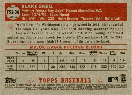 2021 Topps 1952 Topps Redux #T52-36 Blake Snell NM-MT Rays - Baseball Card Single
