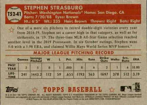 2021 Topps 1952 Topps Redux #T52-41 Stephen Strasburg NM-MT Nationals - Baseball Card Single
