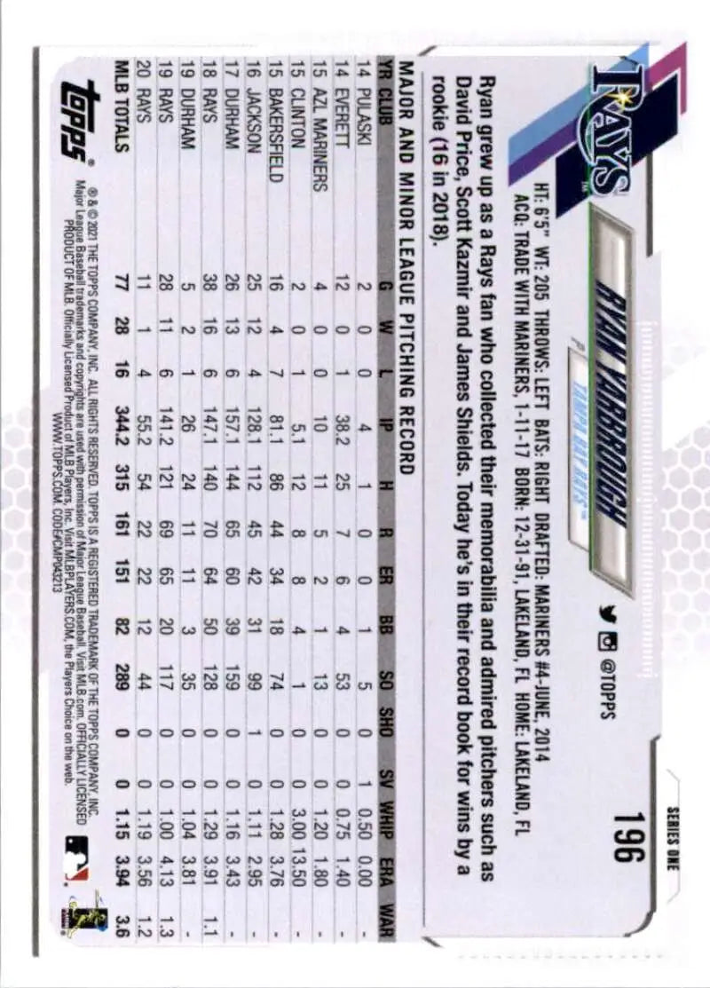 2021 Topps #196 Ryan Yarbrough NM-MT Tampa Bay Rays Baseball Card - Baseball Card Single