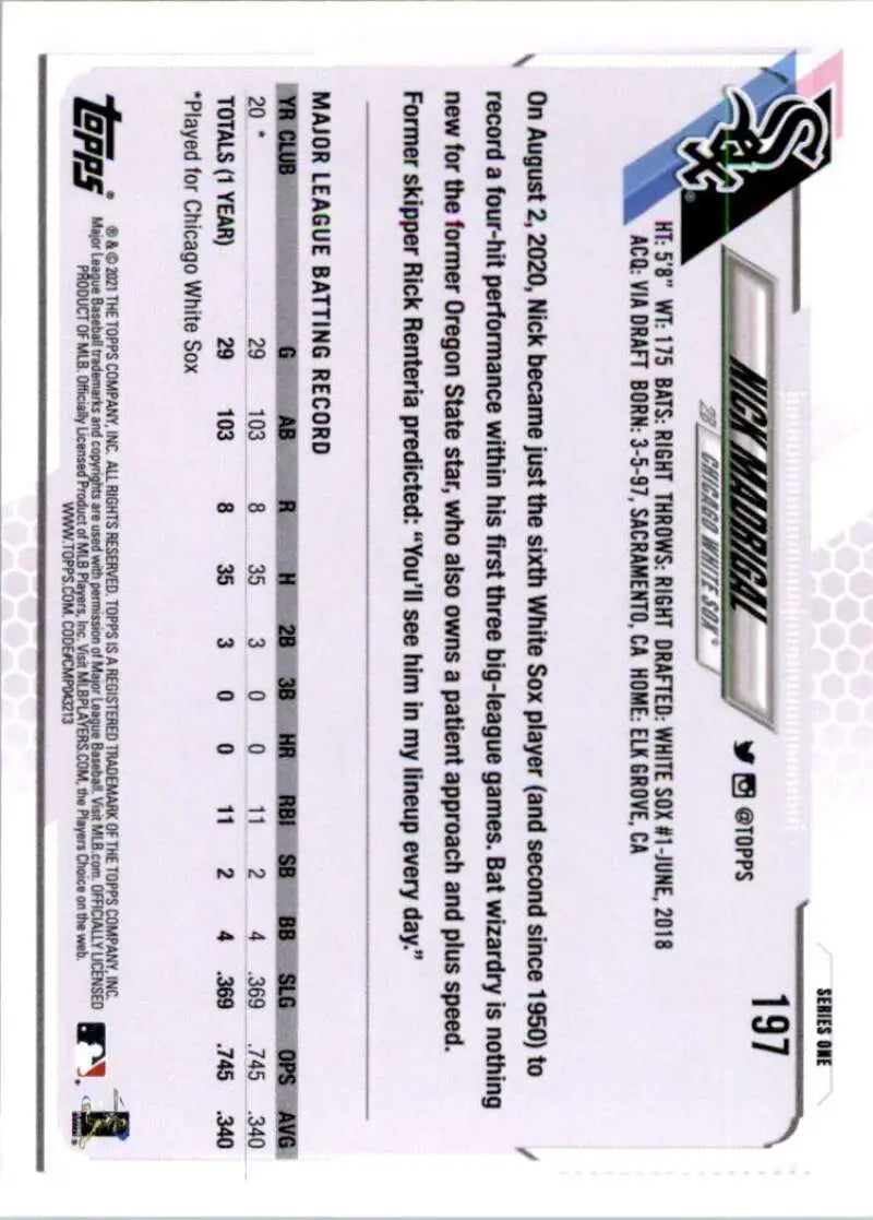 2021 Topps #197 Nick Madrigal NM-MT RC Rookie Chicago White Sox Baseball Card - Baseball Card Single
