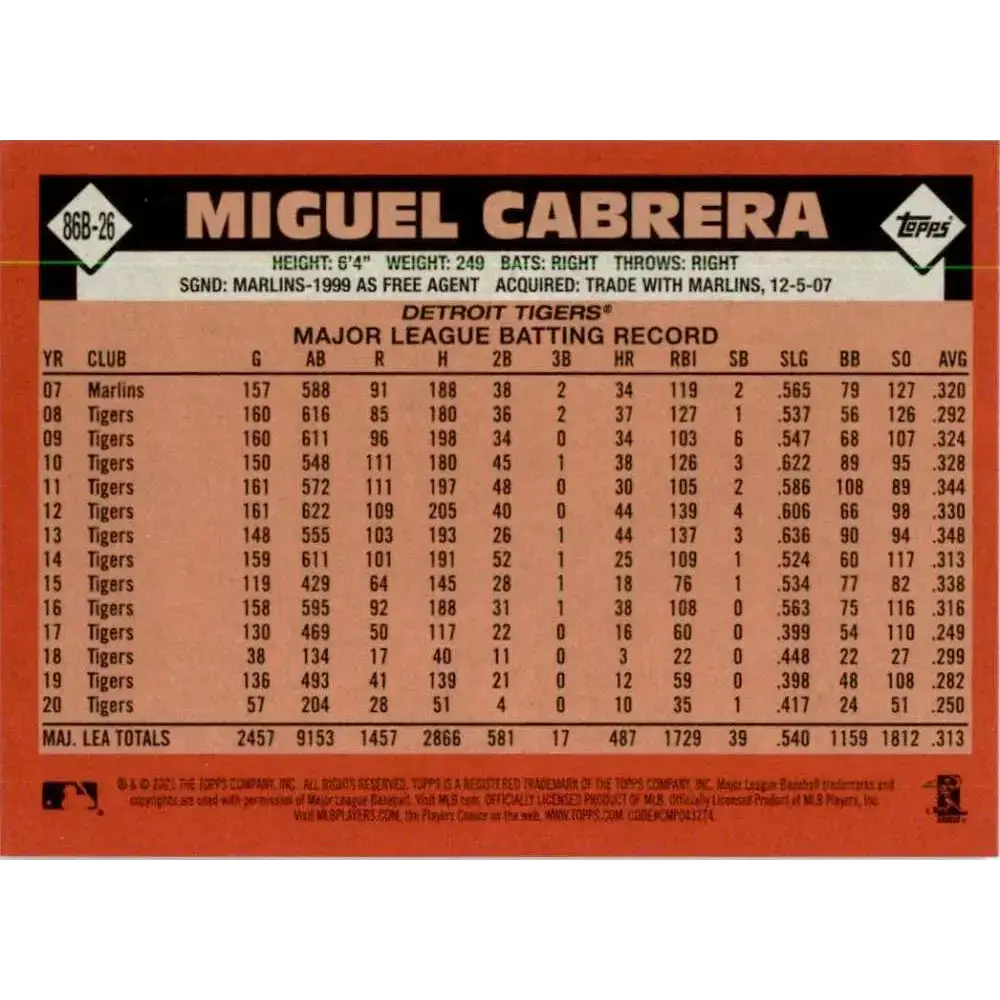 2021 Topps 1986 Topps Baseball 35th Anniversary #86B-26 Miguel Cabrera NM-MT Detroit Tigers Baseball Card - Baseball