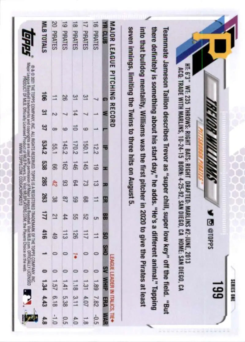 2021 Topps #199 Trevor Williams NM-MT Pittsburgh Pirates Baseball Card - Baseball Card Single