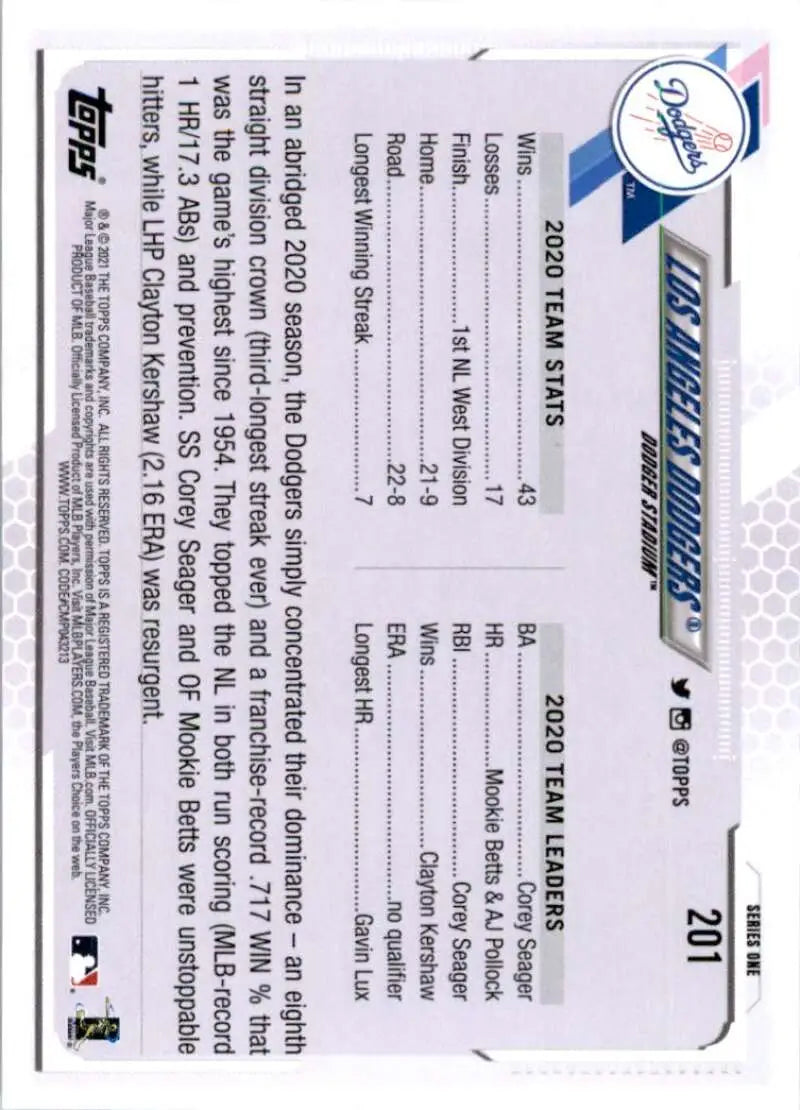 2021 Topps #201 Los Angeles Dodgers NM-MT Baseball Card - Baseball Card Single