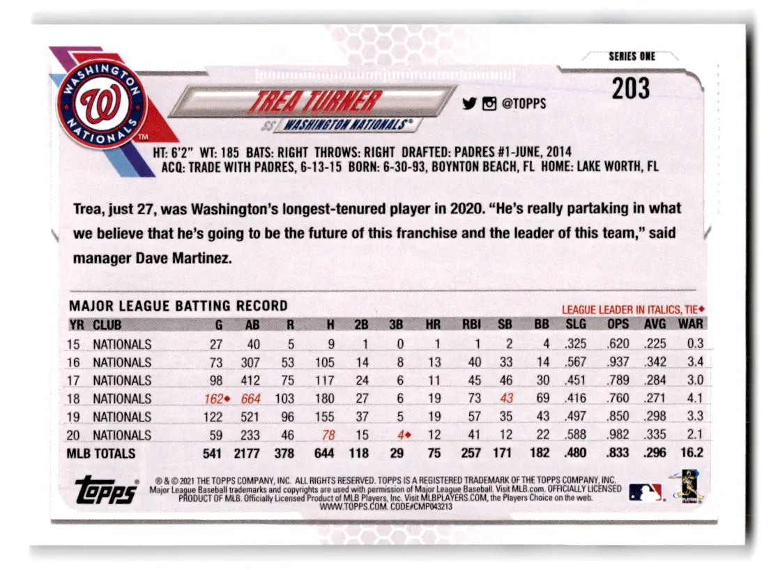 2021 Topps - #203 Trea Turner Nationals - Baseball Card Single