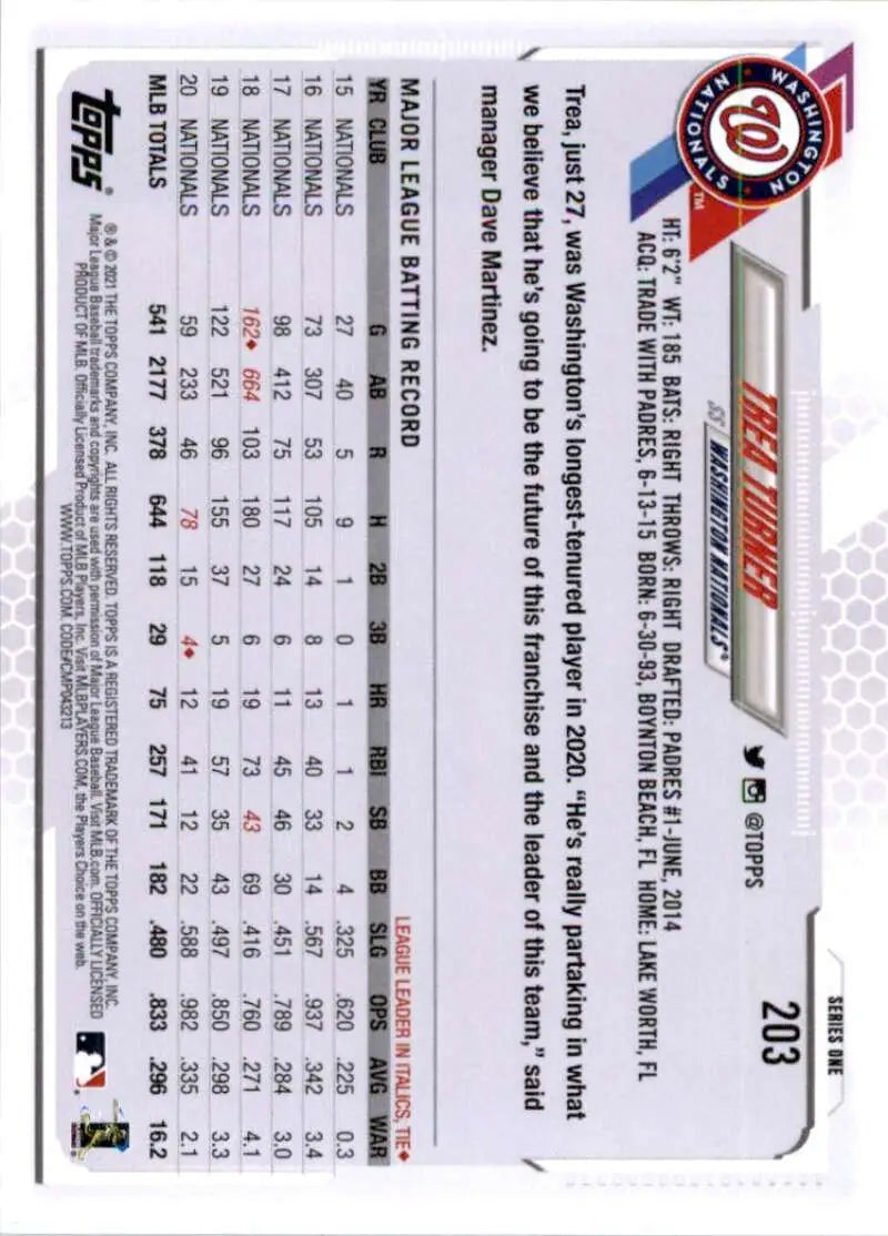 2021 Topps #203 Trea Turner NM-MT Washington Nationals Baseball Card - Baseball Card Single