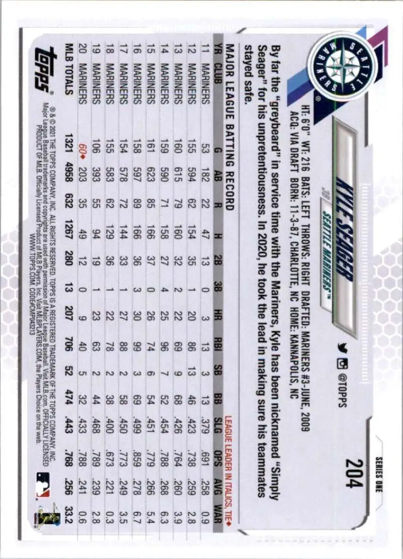 2021 Topps #204 Kyle Seager NM-MT Seattle Mariners Baseball Card - Baseball Card Single