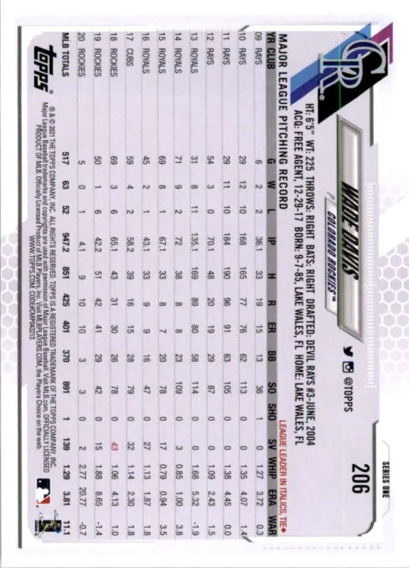 2021 Topps #206 Wade Davis NM-MT Colorado Rockies Baseball Card - Baseball Card Single