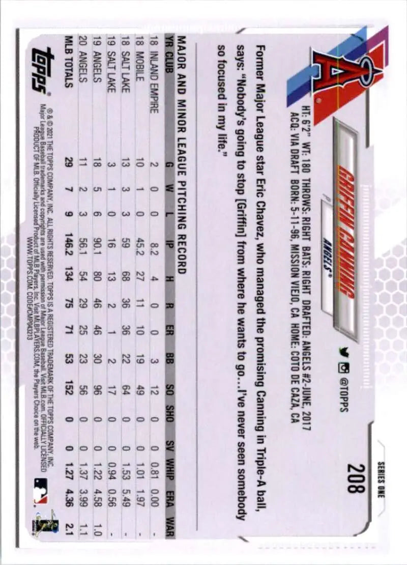 2021 Topps #208 Griffin Canning NM-MT Los Angeles Angels Baseball Card - Baseball Card Single